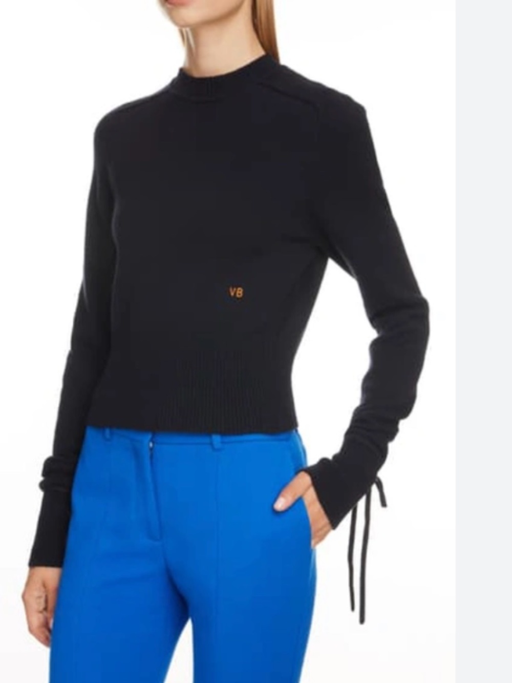 Victoria Beckham TIE CUFF CASHMERE BLEND SWEATER IN NAVY